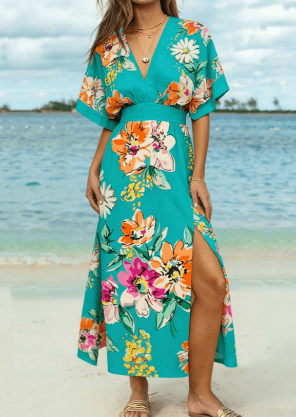 Resort-style Tropical Botanical Print V-neck Fitted Waist Dress For Women