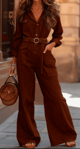 Spring And Autumn Waist-Cinched Wide-Leg Long-Sleeve Set