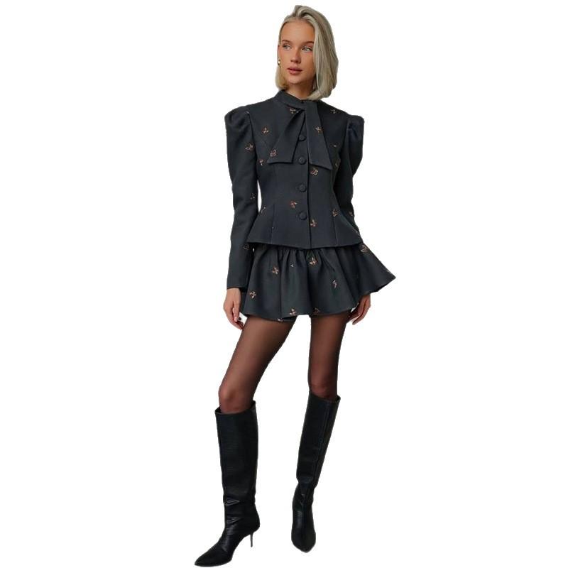 Womens Elegant Gray Commuter Dress Set With Floral Print And Long Sleeves