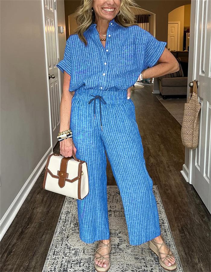 Women's Striped Suit Lapel Short Sleeve Straight Idle Style Trousers