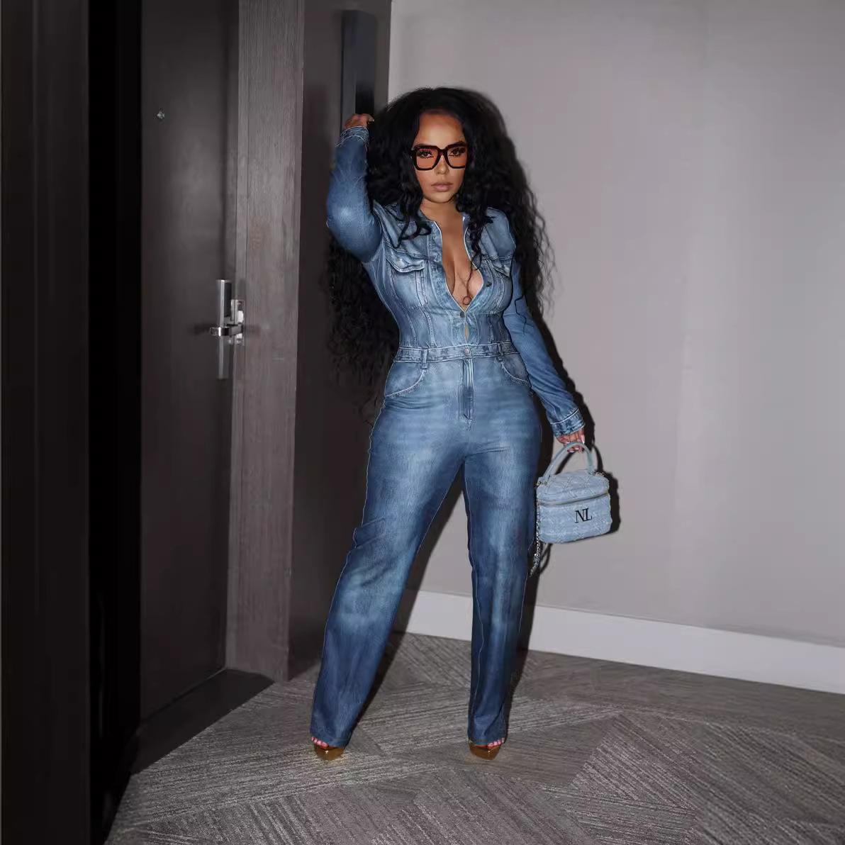 Denim-print Jumpsuit