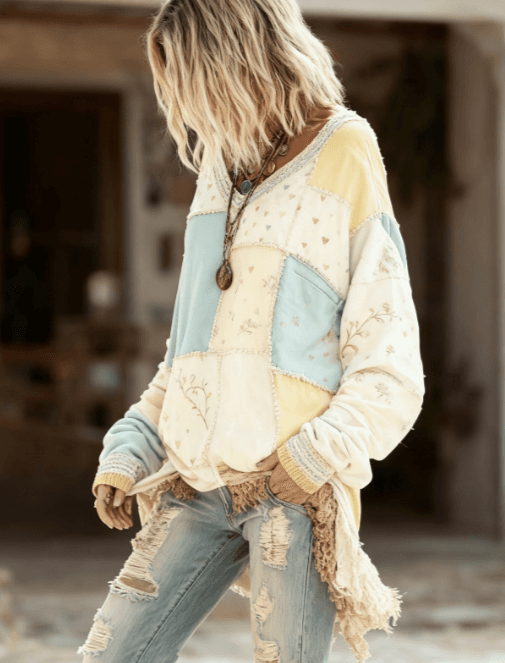 Patchwork Casual V-neck Long-sleeved Loose Top