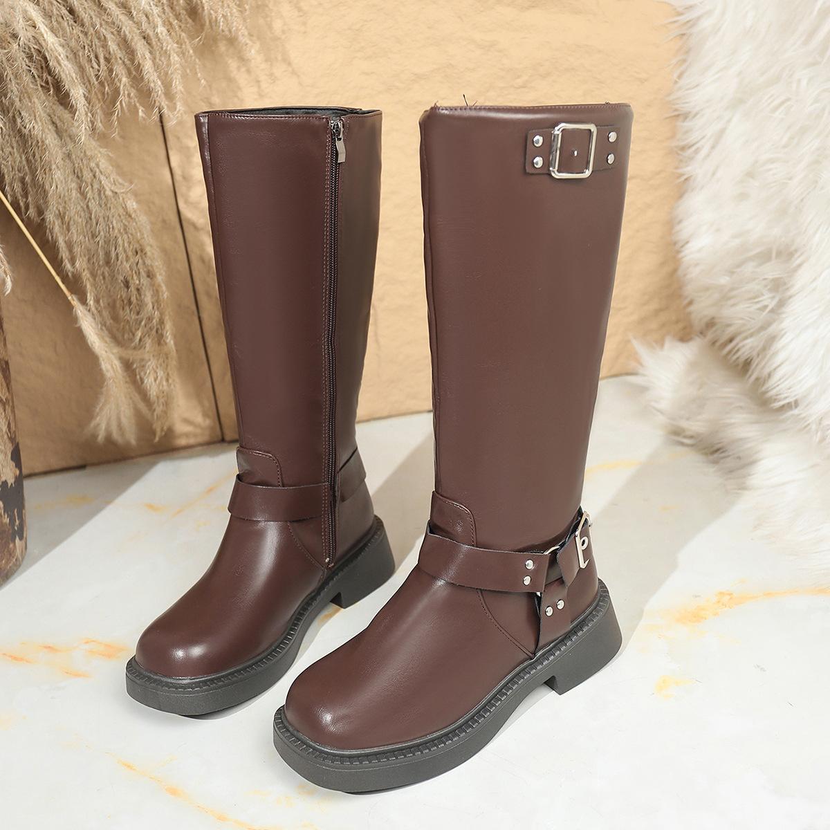 Womens Round Toe Thick Soled Belt Buckle Over The Knee Boots