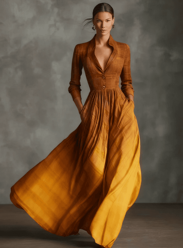 Retro Plaid Lapel Fitted Waist Long Sleeve Flowy Long Dress