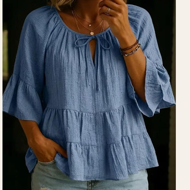 V-neck Three-quarter-sleeve Pleated Cotton-linen Blouse Top