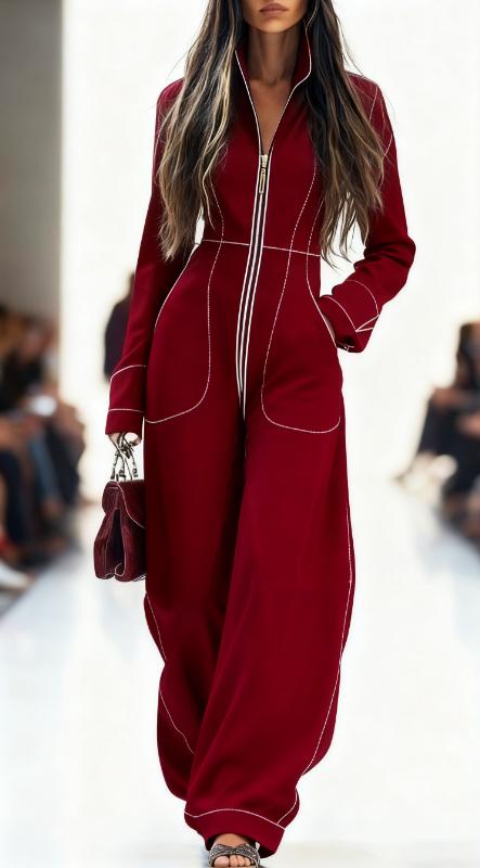 Zippered Long-sleeved Casual Wide-leg Jumpsuit