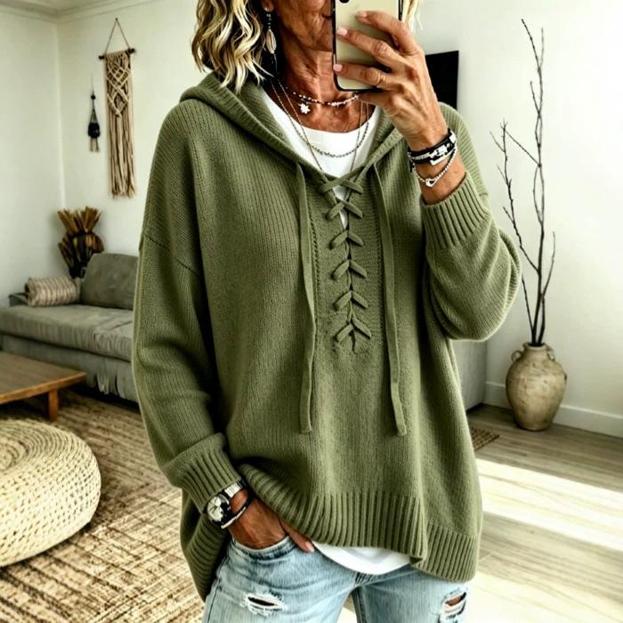 Strap-crossed V-neck Hooded Knit Sweater