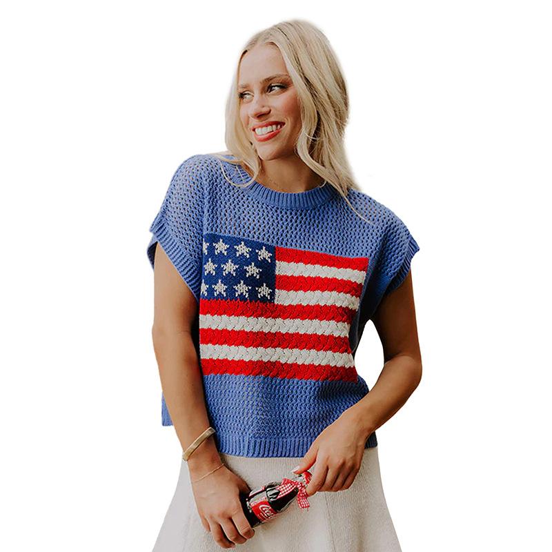 Women's Short-Sleeve Pullover Sweater With Crew Neck And National Flag Print