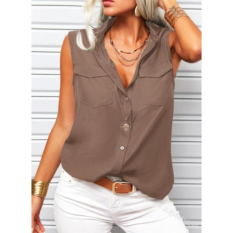 Solid-color Lapel-collar Loose-fit Sleeveless Top With Pockets
