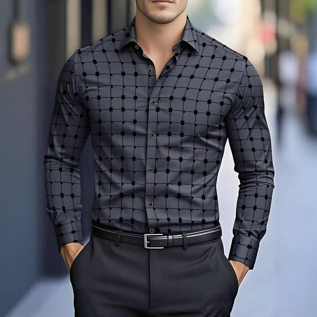 Printed Plaid Long-Sleeve Shirt Mens Top