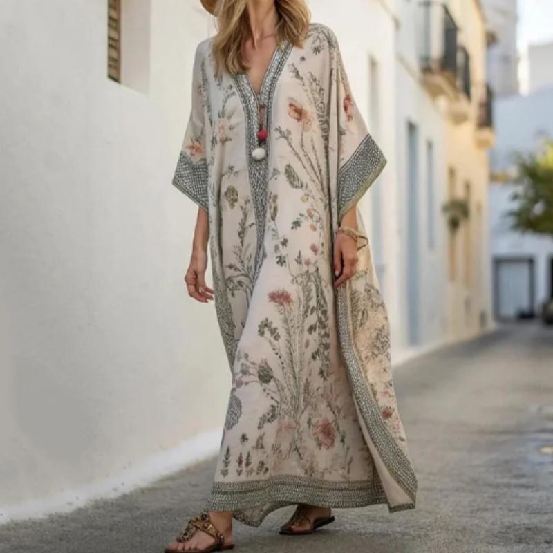 Long Sleeve Kaftan Linen Vacation Maxi Dress