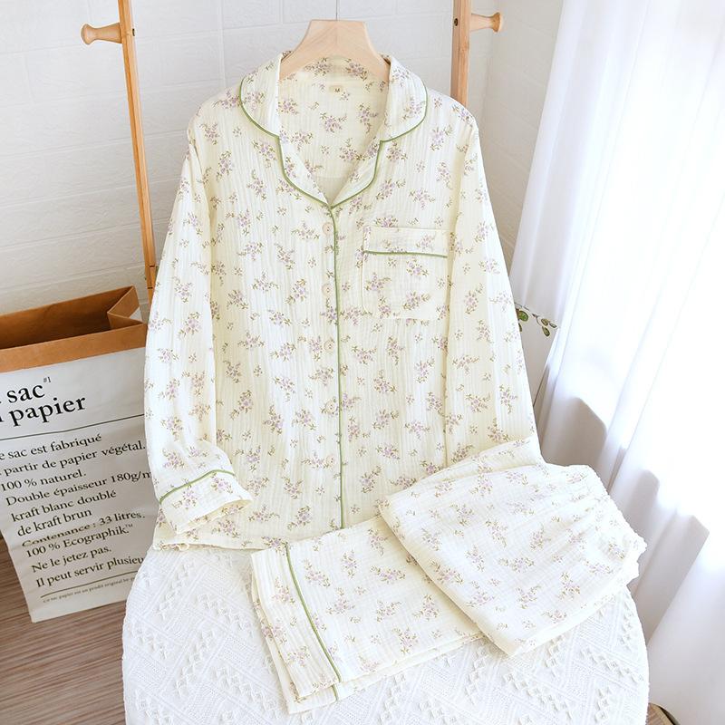 New Cotton Double-layer Gauze Sleeping Long Sleeve Cardigan Plus Size Summer Thin Cotton Homewear Suit