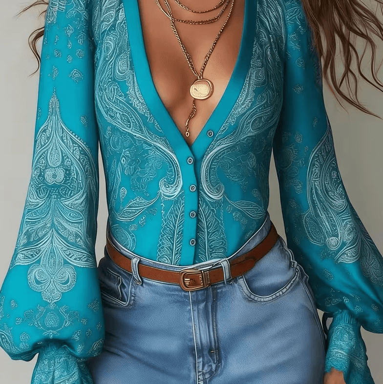 Paisley V-neck Puff Sleeve Women's Slim-fit Blouse