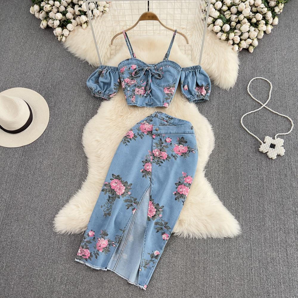 Denim Suspender Top Two-Piece Set High-Waist Asymmetrical Slit Skirt