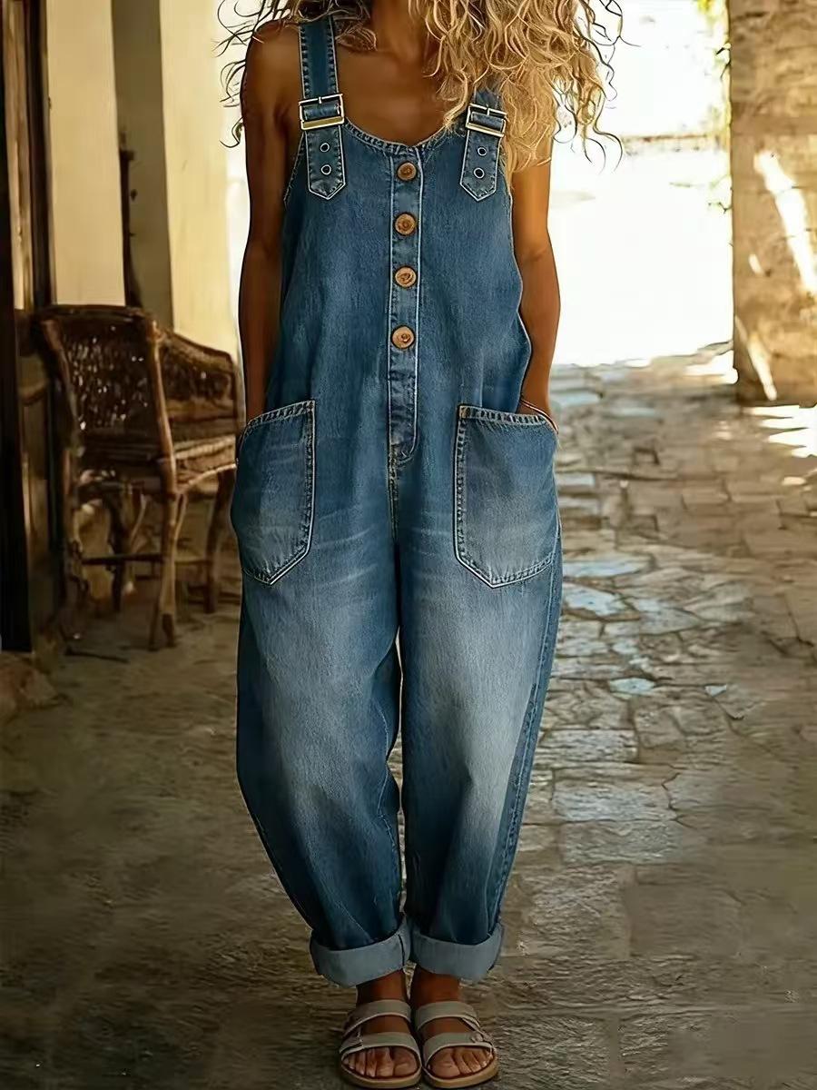 Large-size Lady's Washed Denim One-piece Drawstring Pants