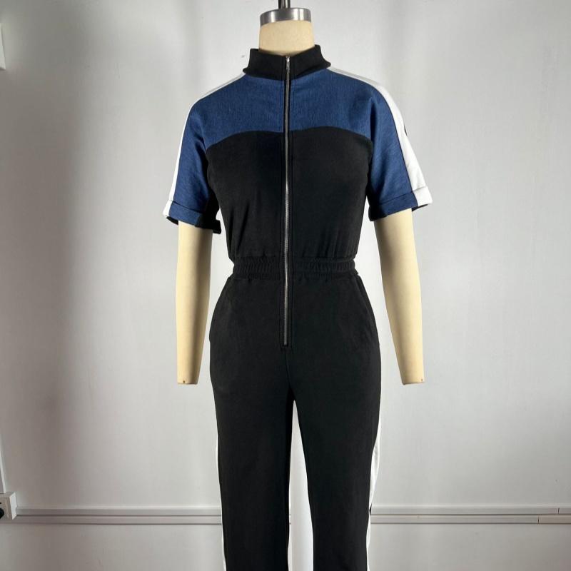 Short Sleeved Long Zipper Women's Jumpsuit