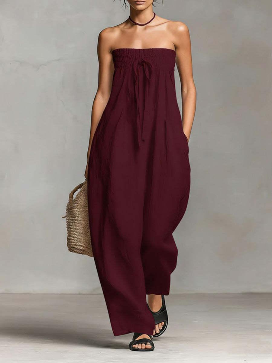 2026 Spring European American Women Strapless Smocked Bodice Jumpsuit, TieDetail Casual Playsuit