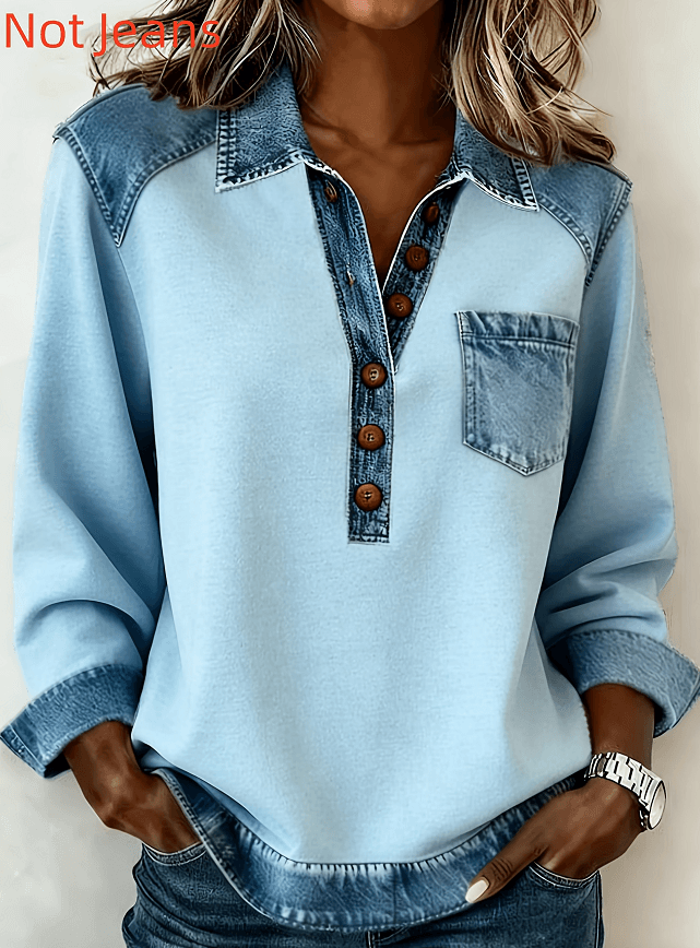 Denim Patchwork Collar Button-down Casual Long-sleeved Top