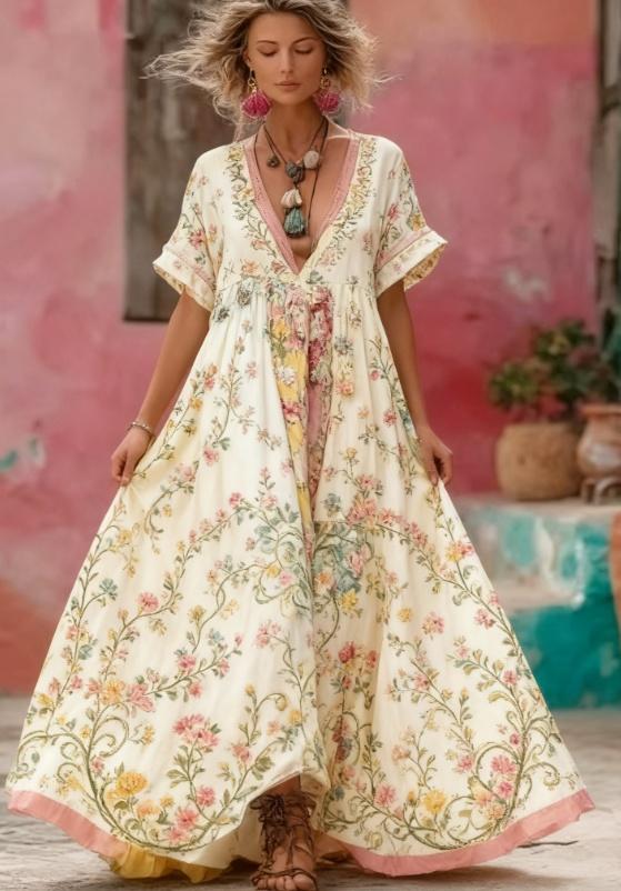 Women's Floral Embroidery Patchwork Art V-Neck Long Dress