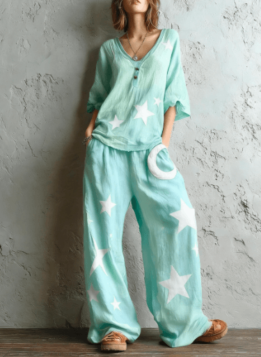 Bohemian-style Loose Top With Star And Moon Print - Wide-leg Pants Two-piece Set