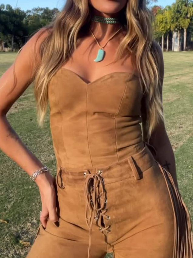 Suede Bandeau Top & Fringe Flared Pants Set