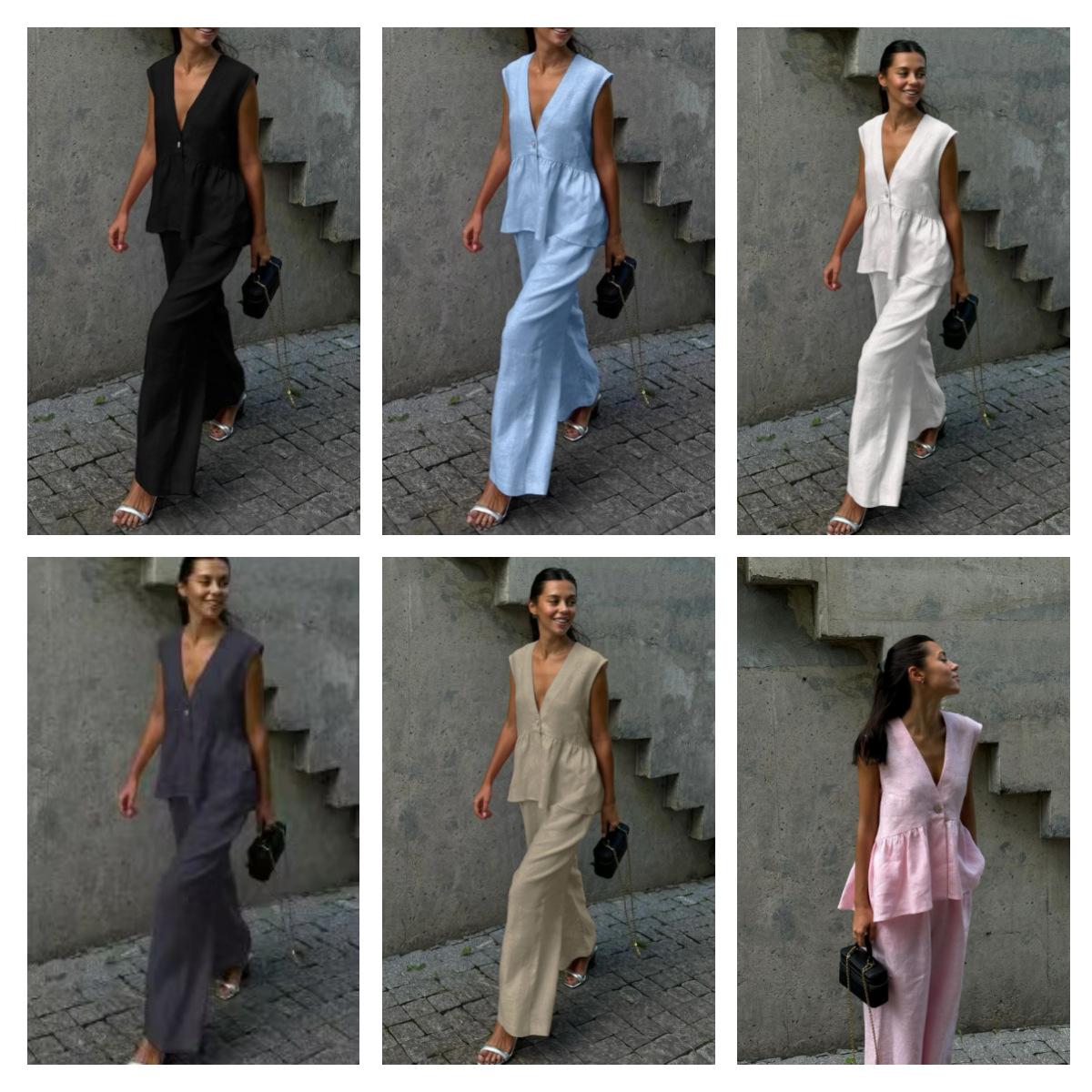 Womens Cotton V-Neck Sleeveless Vest And Wide-Leg Pants Set