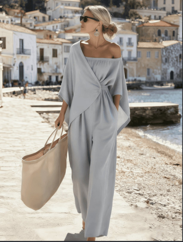 Slanted Shoulder, Exposed Waist, Cinched Waist, Wide Leg Jumpsuit