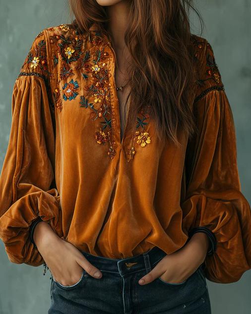 Velvet Floral Embroidery V-neck Puff Sleeve Casual Long-sleeved Top