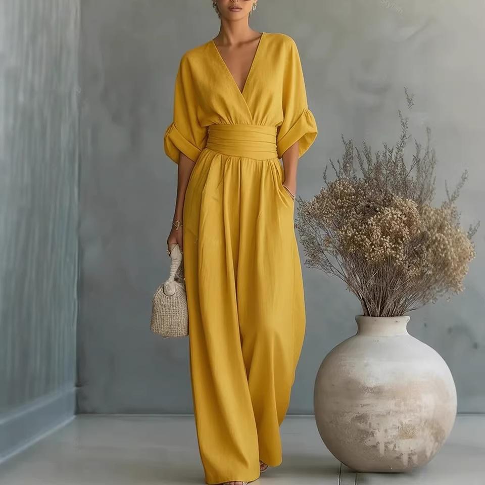Elegant Deep V Neck Waist Wrap Sleeve Wide Leg Floor Length Jumpsuit