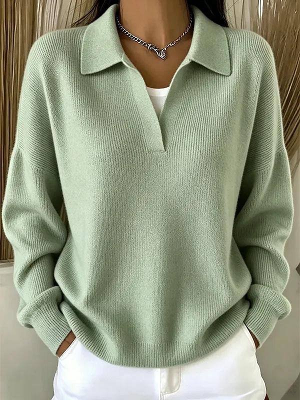 Turn-down Ribbed Knit Sweater Loose-fitting Figure-flattering Casual V-neck Pullover