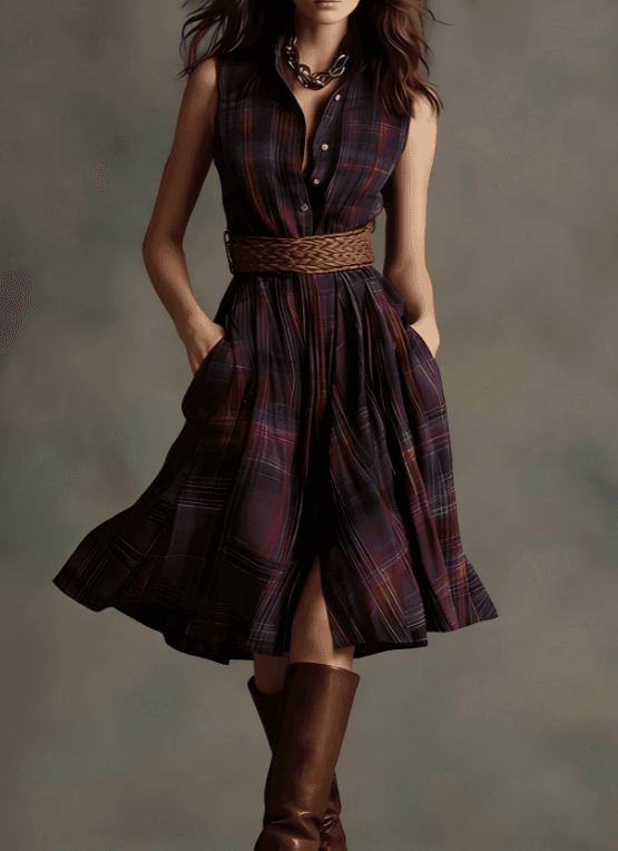 Plaid Collared Sleeveless Fitted Waist Dress
