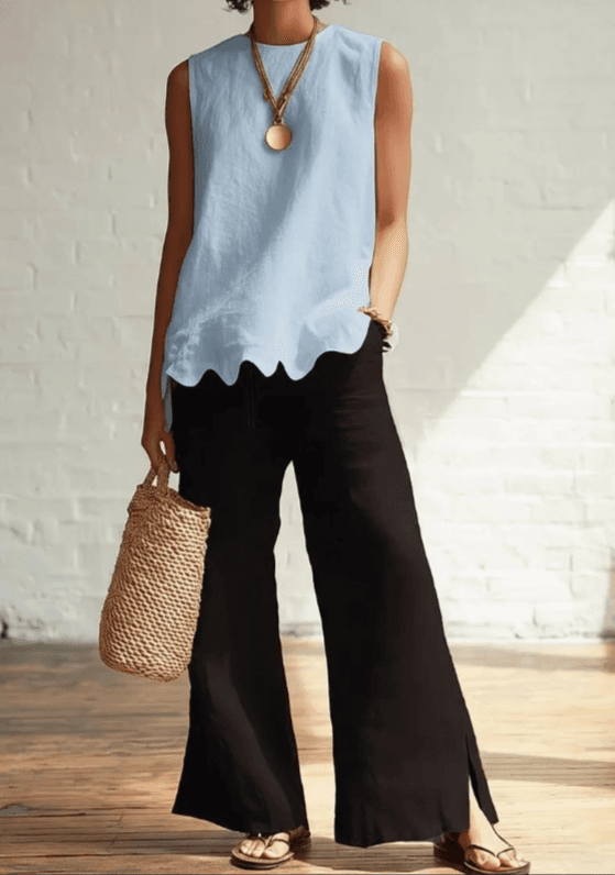 Linen-Style Round Neck Scallop Hem Sleeveless Top