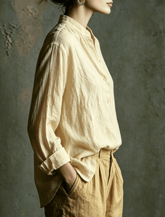 Cream Yellow Texture Stand Up Collar Half Open Long Sleeved Shirt