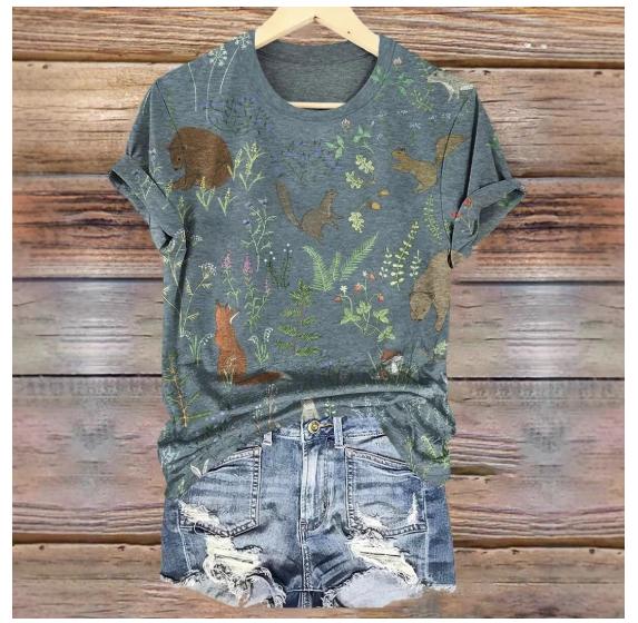 Fashionable Printed Slim-Fit Short-Sleeve Womens Top