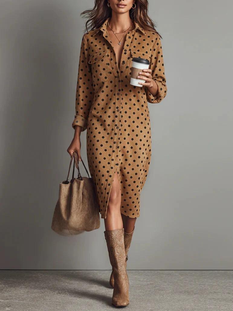 French Elegant Slimming V-neckline Pleat And Waisted Below The Knee Long Sleeve Polka Dot Dress