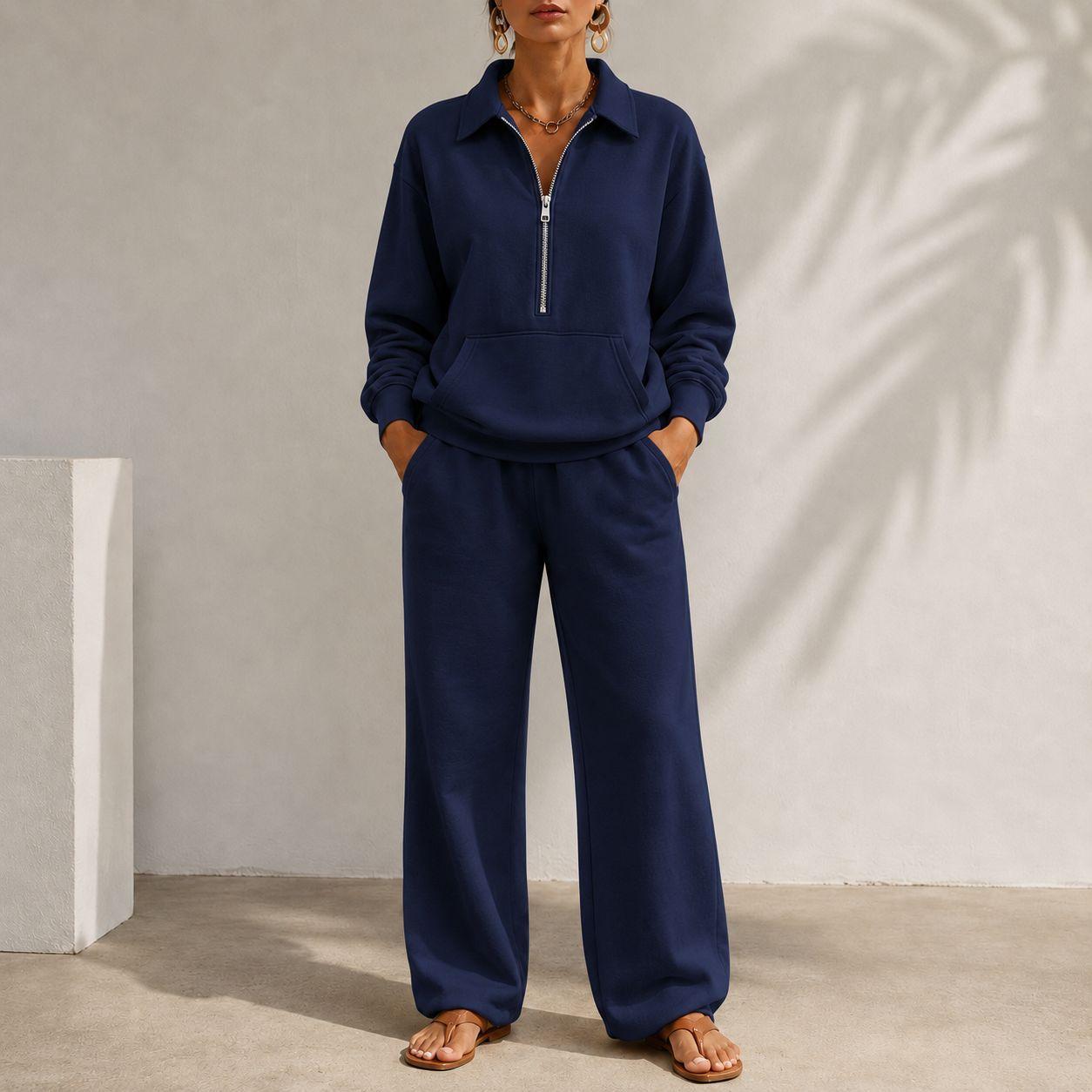 V-neck Patch-pocket Sweatshirt And Casual Wide-leg Trousers A Relaxed-fit Set