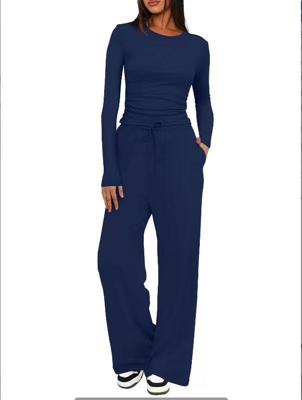 2 Pieces Women's Suit Autumn Winte Long Sleeve Tops High Waisted Wide Leg Pants Sportswear Female Clothes Solid Color Casual Suit