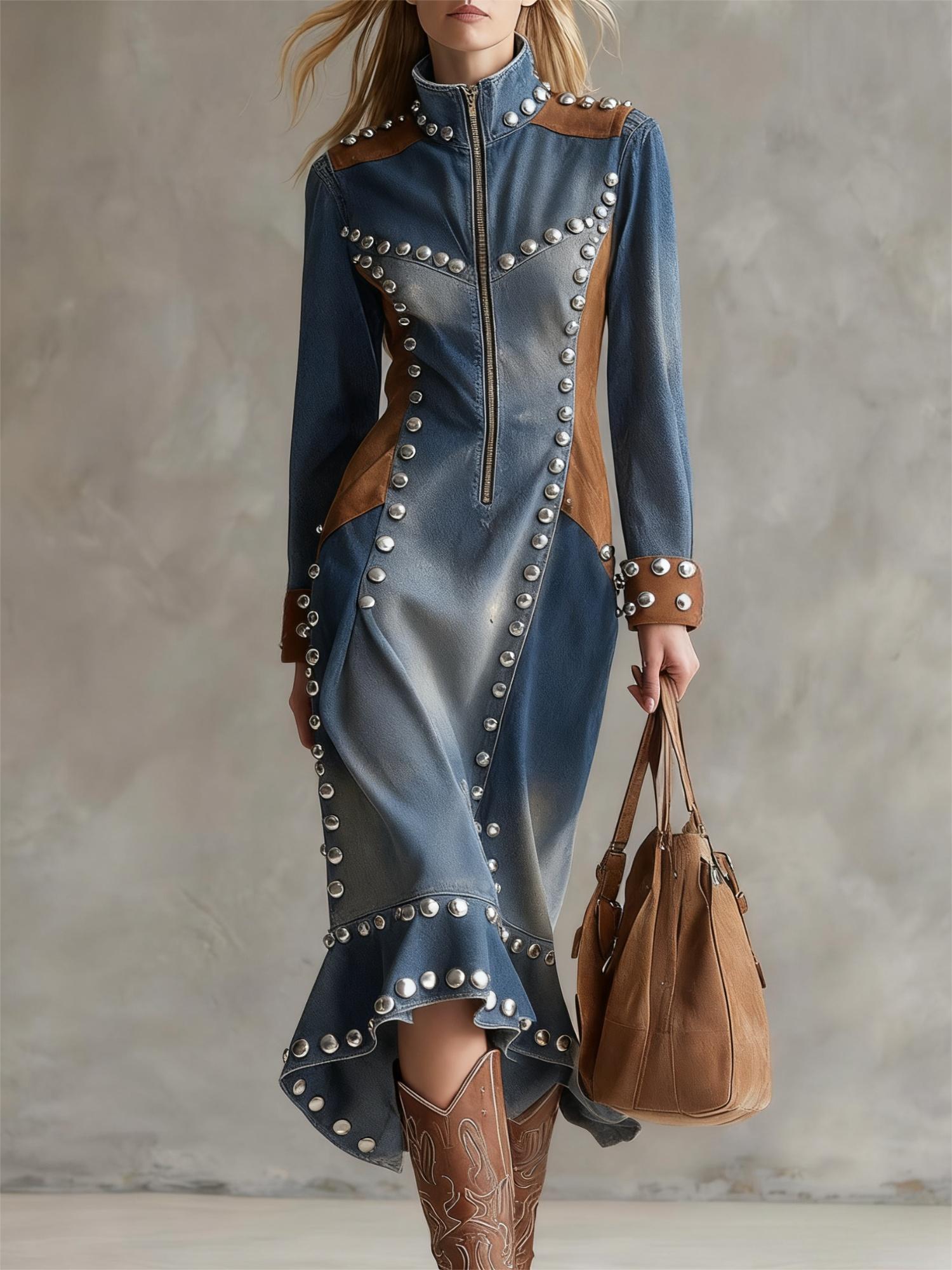 Western Retro Print Lapel Zipper Fitted Midi Long Sleeve Dress