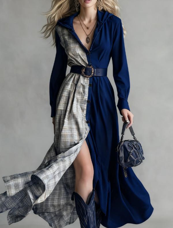 Plate-patterned Patchwork Casual Hooded Long-sleeved Dress