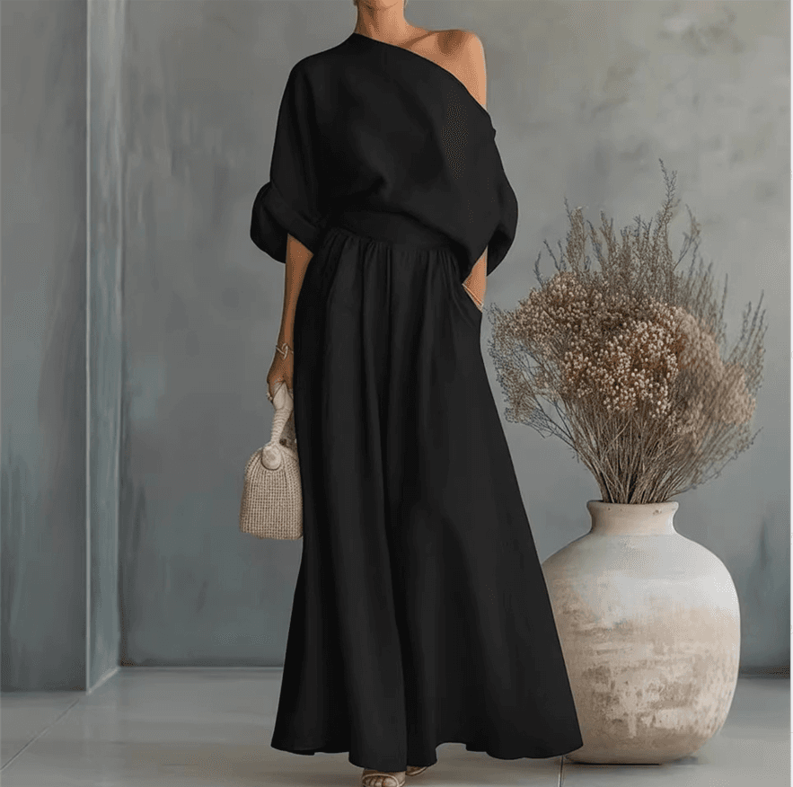 Lazy Style One Shoulder Linen Co-ord Set, Loose Half Sleeve Top High Waist Flowy Wide Leg Pants Vacation Outfit