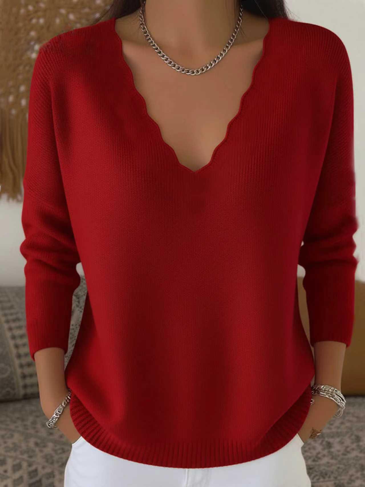 Solid-color Casual Knitted V-neck Loose Sweater
