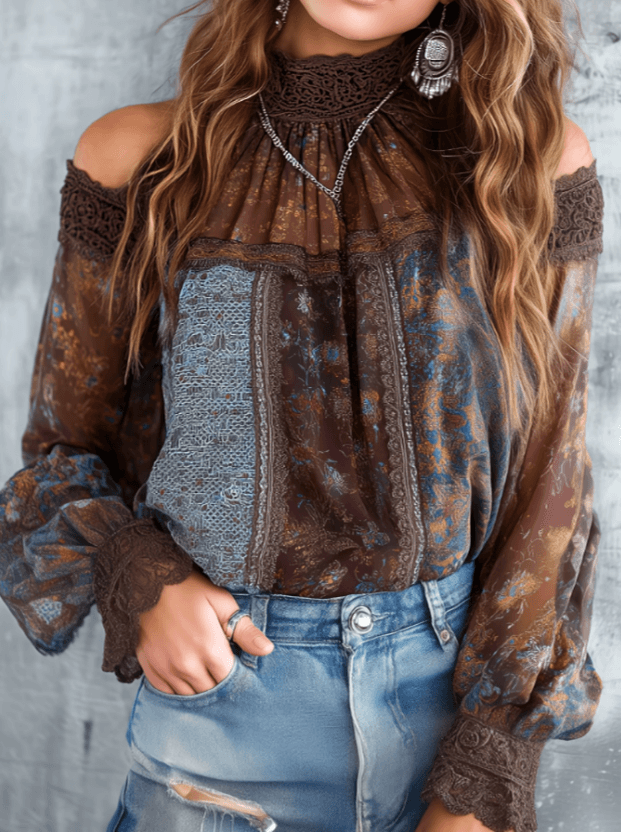 Women's Western Retro Hollow-out Off-shoulder Long-sleeved Loose Top