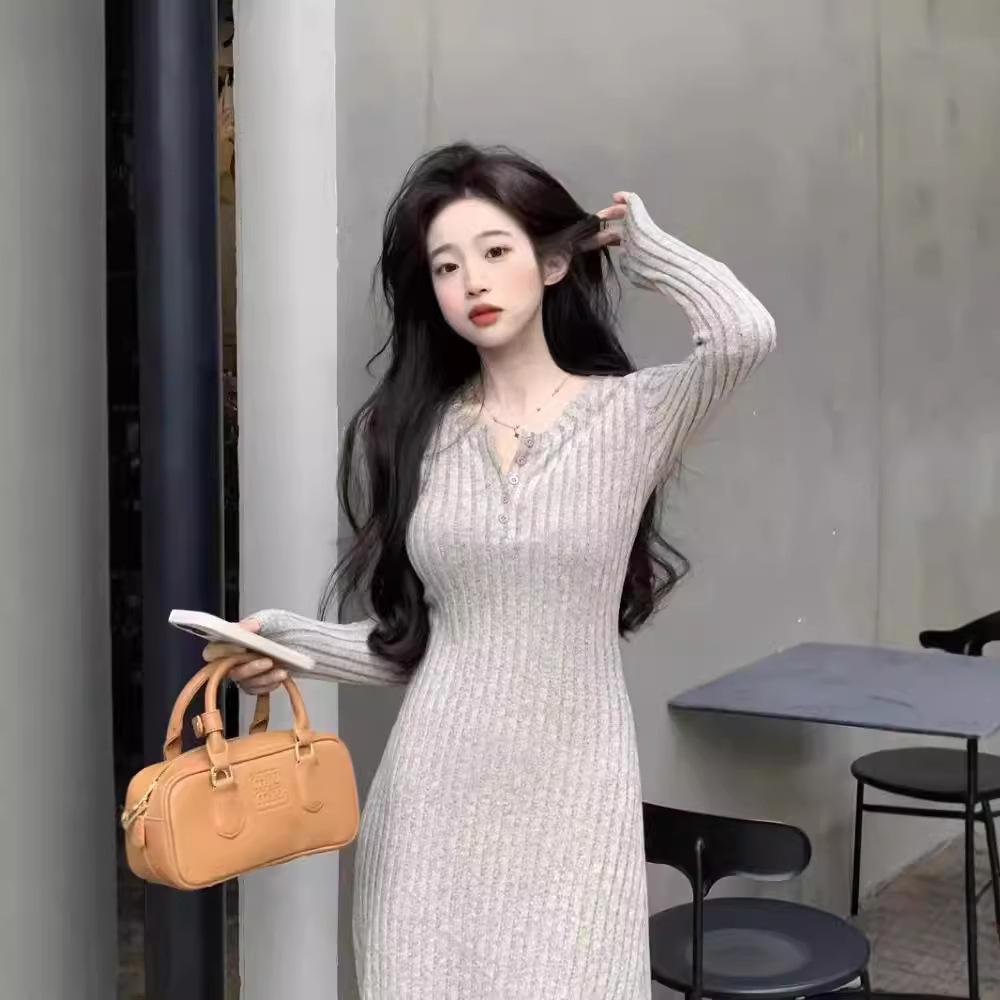 Pure Desire Dark Gray Long-sleeve Knitted Dress