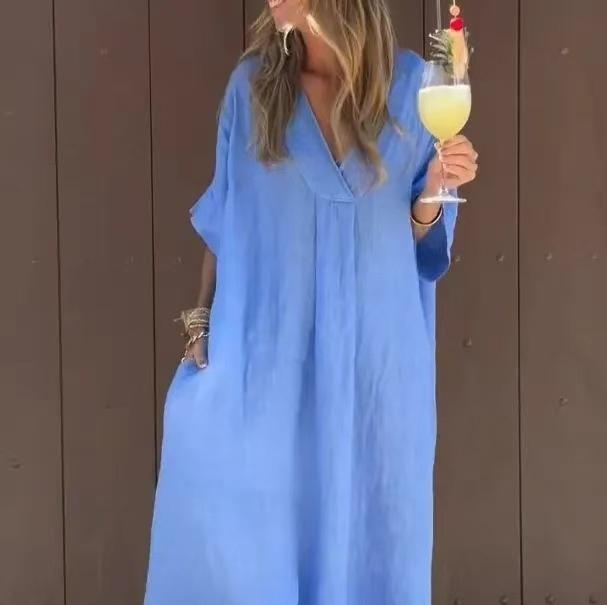 Washed Cotton Casual Short Sleeve V-neck Dress