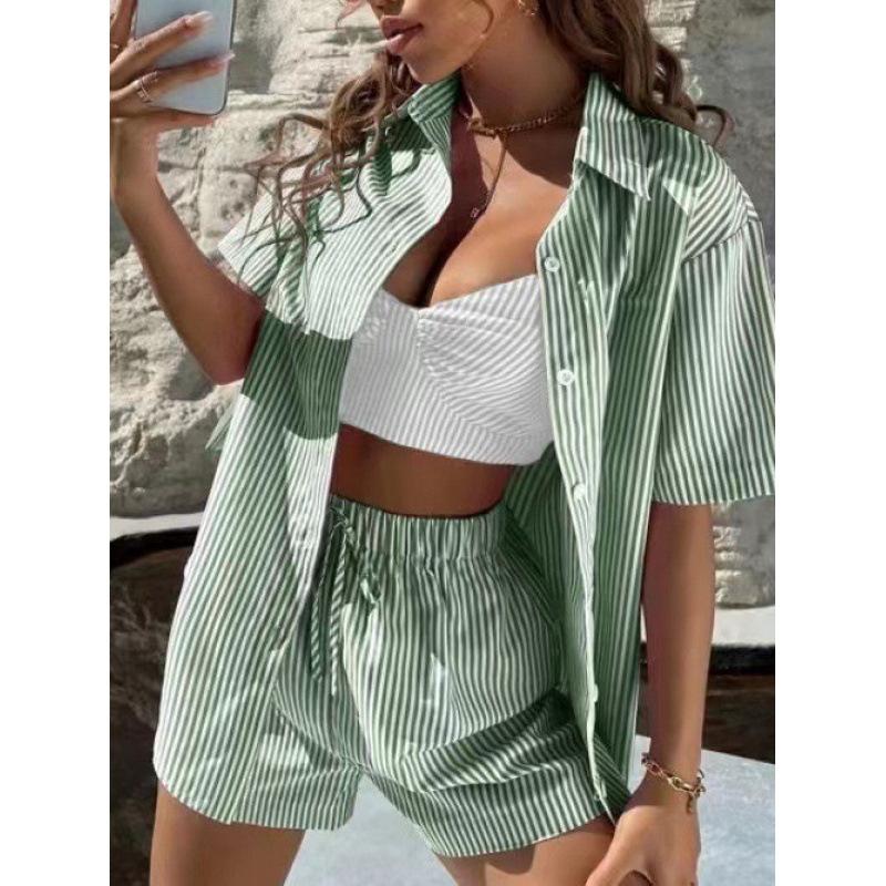 Casual Temperament Women's Striped Two-piece Short Sleeve Shirt Outfit