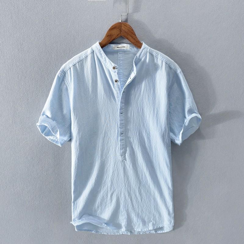 Solid-color Stand-collar Breathable Linen Casual Shirt