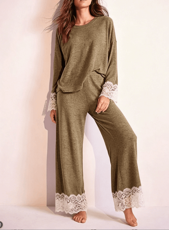 Olive Green Lace Lace Loose Long Sleeved Wide Leg Home Sleepwear Set