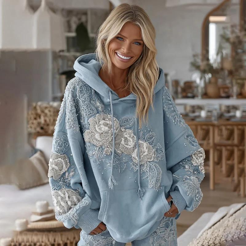 Plus-size Womens Printed Loose-fitting Hooded Sweatshirt