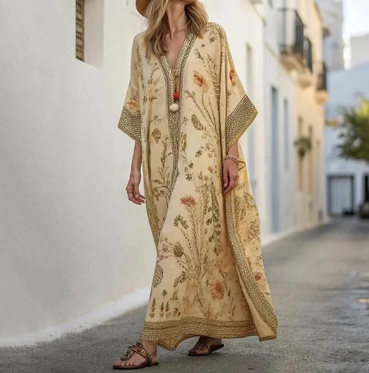 Long Sleeve Kaftan Linen Vacation Maxi Dress