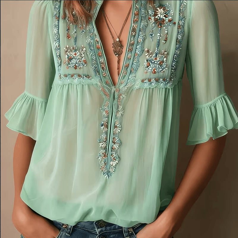 Floral Embroidery Shirts Women's V-neck Mid-sleeve Chiffon Blouse Casual Daily Office Clothing